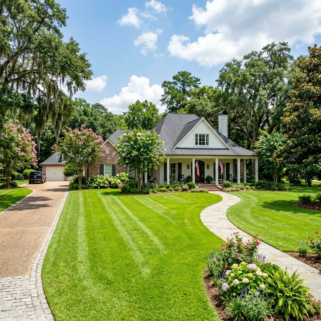 Illustrative image: a freshly striped lawn in front of a house with large trees